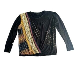 Desigual Black Top Embellished Women Small Casual Luxury Boho Viscose Colorblock